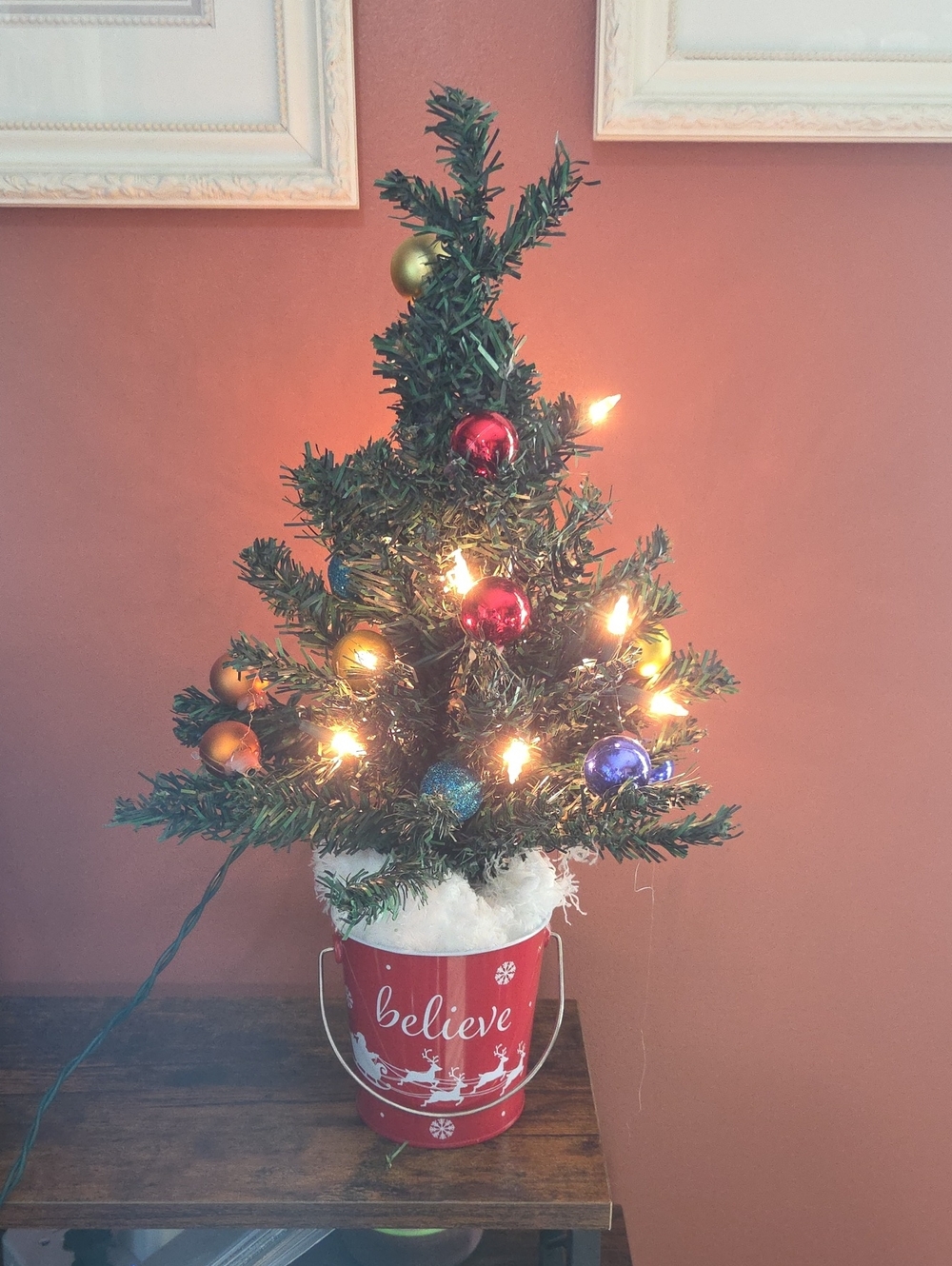 Festive 'Believe' Mini Christmas Tree - Green with Red Bucket